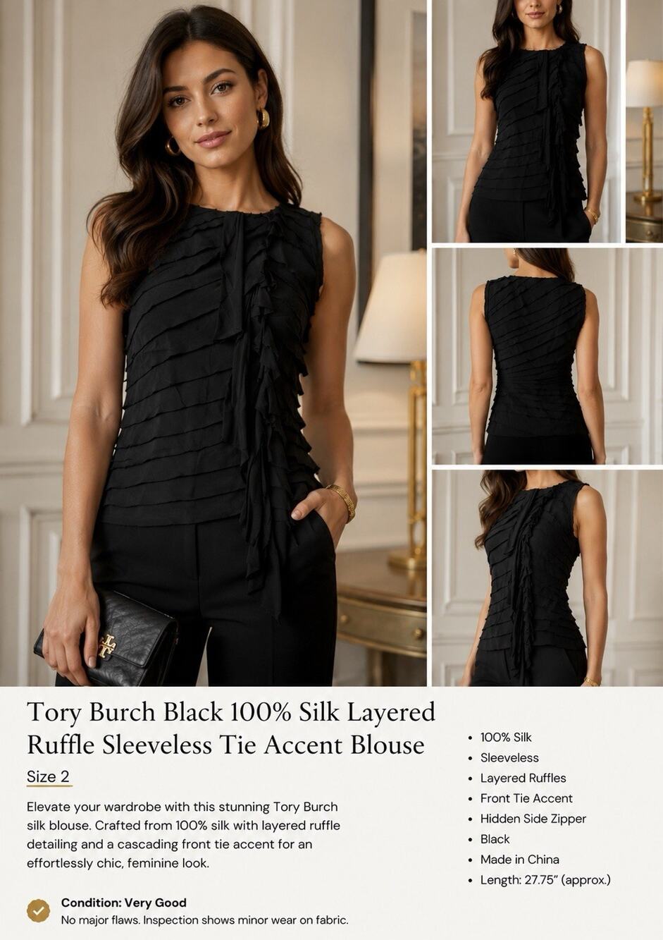 Tory Burch Black 100% Silk Layered Ruffle Sleeveless Tie Accent Blouse Size 2